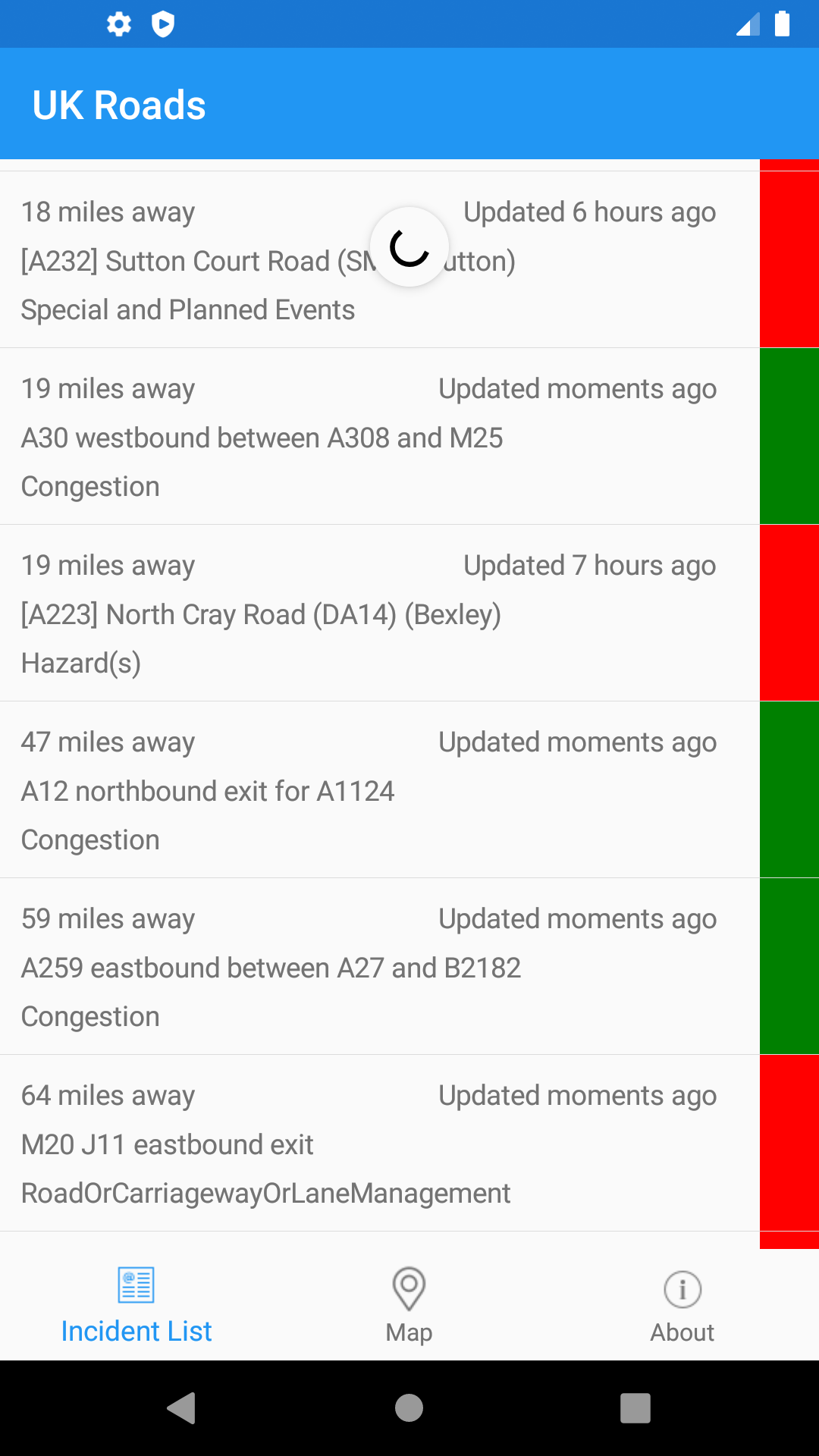 UK Roads Android Traffic App List Screen
